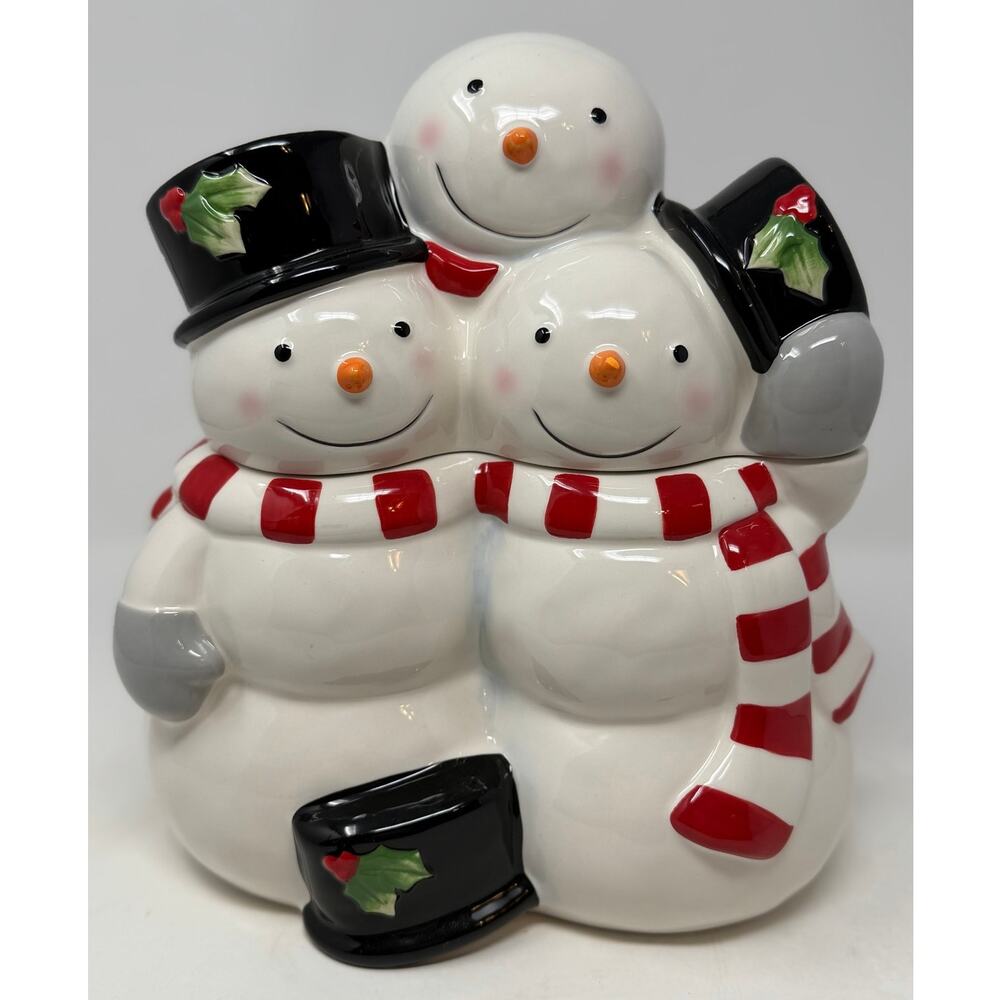 St. Nicholas Square Tree Lot Three Hugging Snowmen Ones Hat Blew Off Cookie Jar